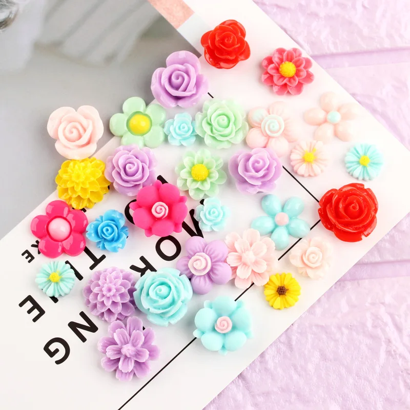 

Wholesale 90pcs/Lot Assorted Design Colorful Resin Flowers Cabochons DIY Jewelry Findings Ornament Accessories Material Button