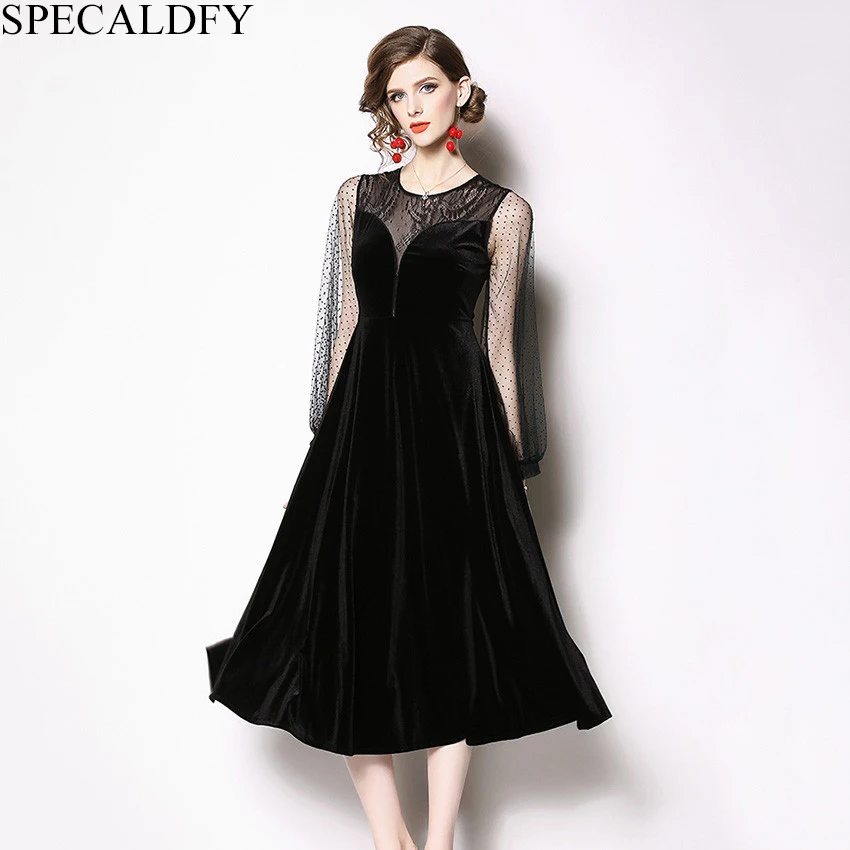 

Evening Party Dress Women Long Sleeve Sexy Black Mesh Velvet Dress High Quality Fashion 2019 Spring Elegant Dresses Robe Femme