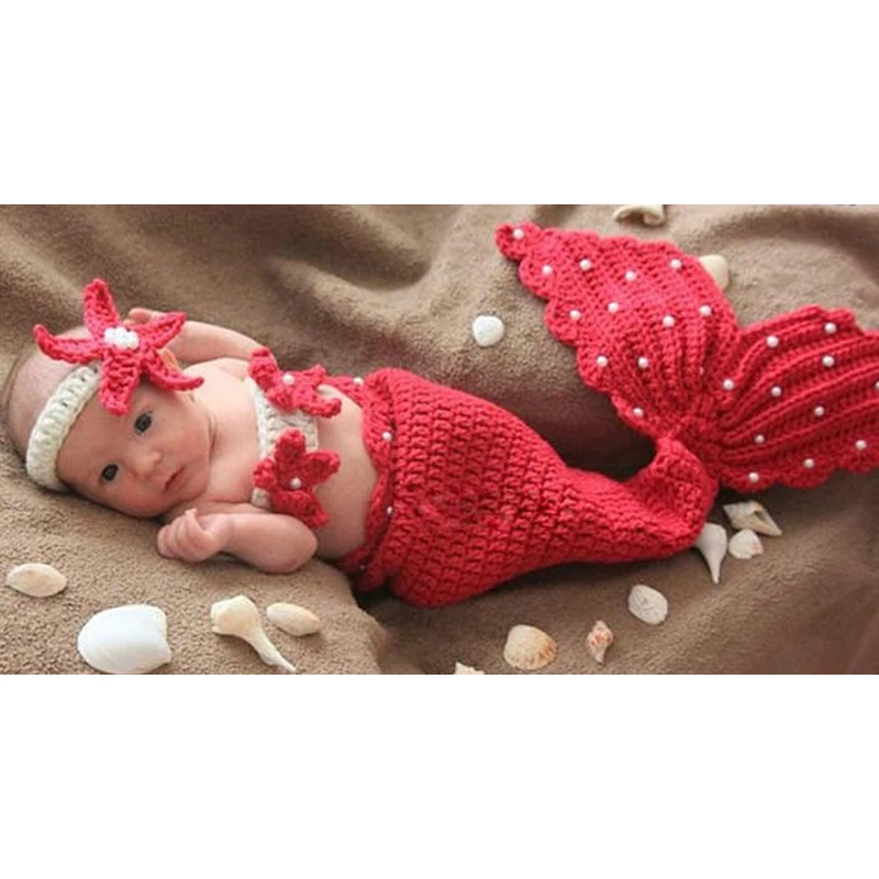 

Newborn Baby Photography Props Crochet Baby Mermaid Costume Knitting Clothes with Starfish Headwear for Photo Shoot