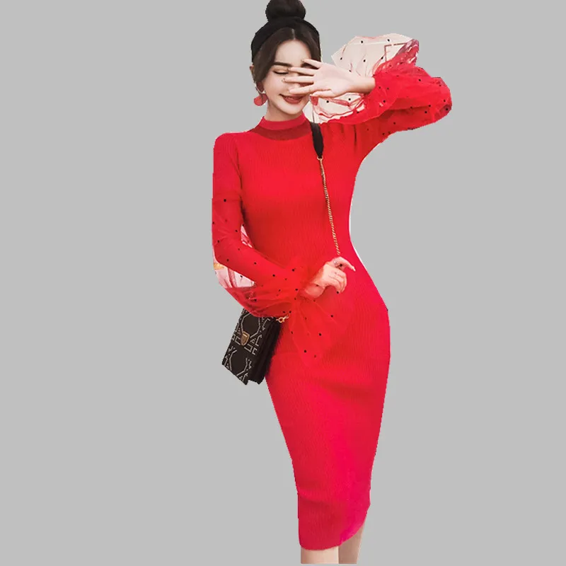 Vestidos 2018 осенне зимнее платье свитер карандаш модное женское красное лоскутное