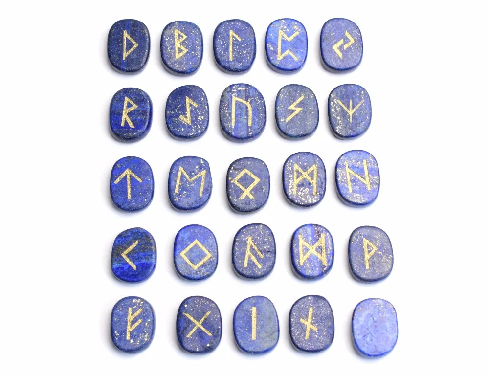 Натуральный Лазурит резной Кристалл Рейки целебные пальмовые камни выгравированы языческие надписи Wiccan руны камни набор с бесплатным мешочком