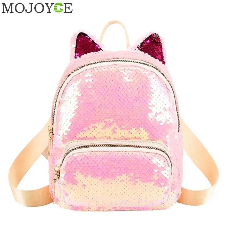 

Cute Sequins Cat Ear Travel Backpacks Women Casual Shoulder School Bags Preppy Style Small Knapsack Rucksack