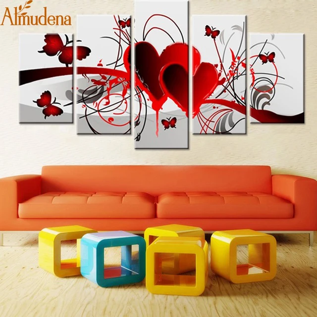 Home-Decor-Hand-Painted-Red-Love-Heart-Butterfly-Oil-Painting-Living-Room-Wall-Painting-5-Pieces