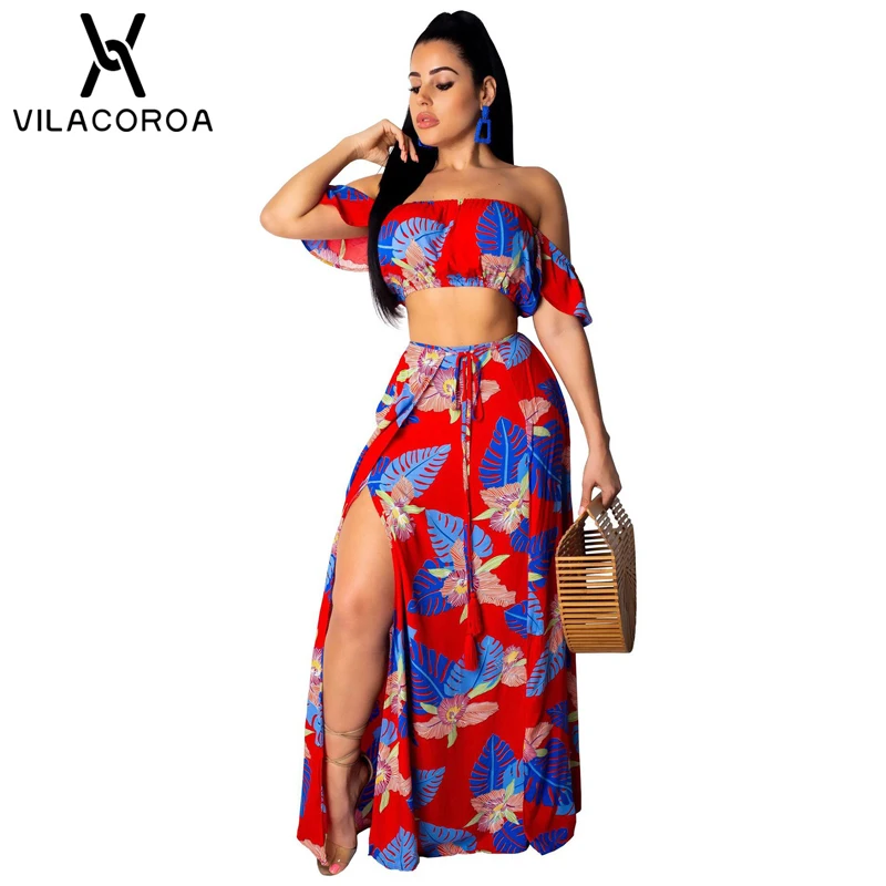

Sexy Dress Women Two Piece Set Print Slash Neck Short Sleeve Crop Top + High Waist Split Long Skirt Summer Clothes For women