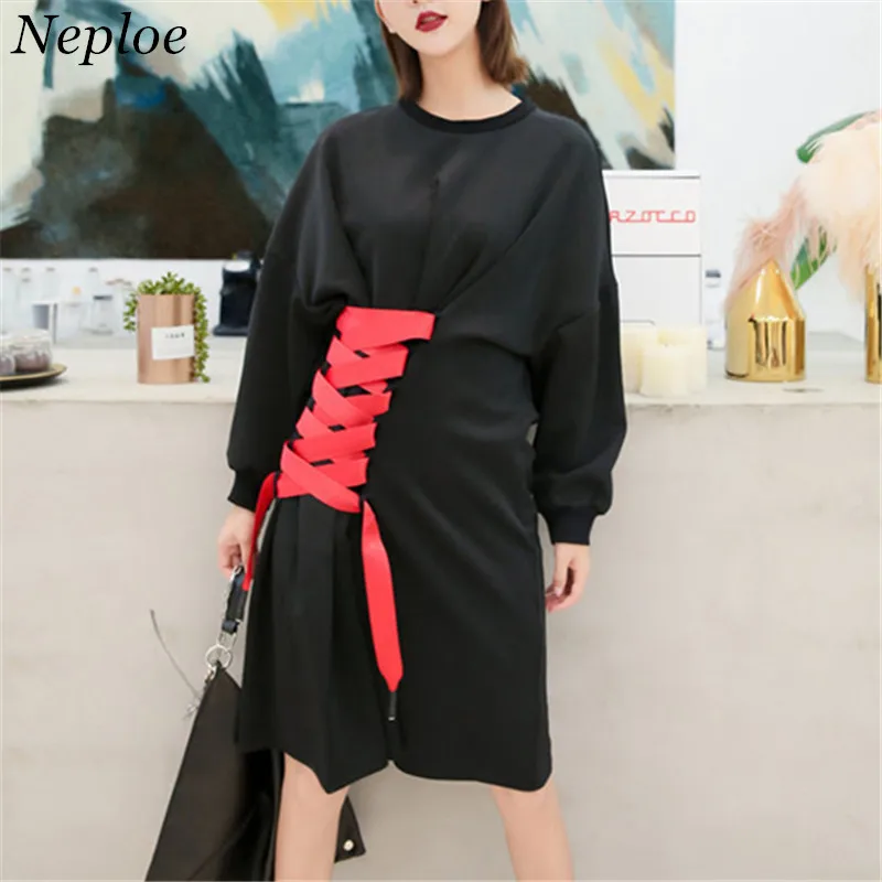 

Neploe Adjuatable Waist Drawstring Dress O-Neck Long Sleeves Vestido 2019 Spring Autumn New Grace OF High Street Dress 69329