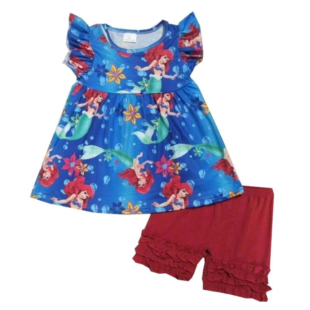 

Boutique Little Girl Summer Wear Cute Cartoon Print Ruffle Kids Clothing Sets