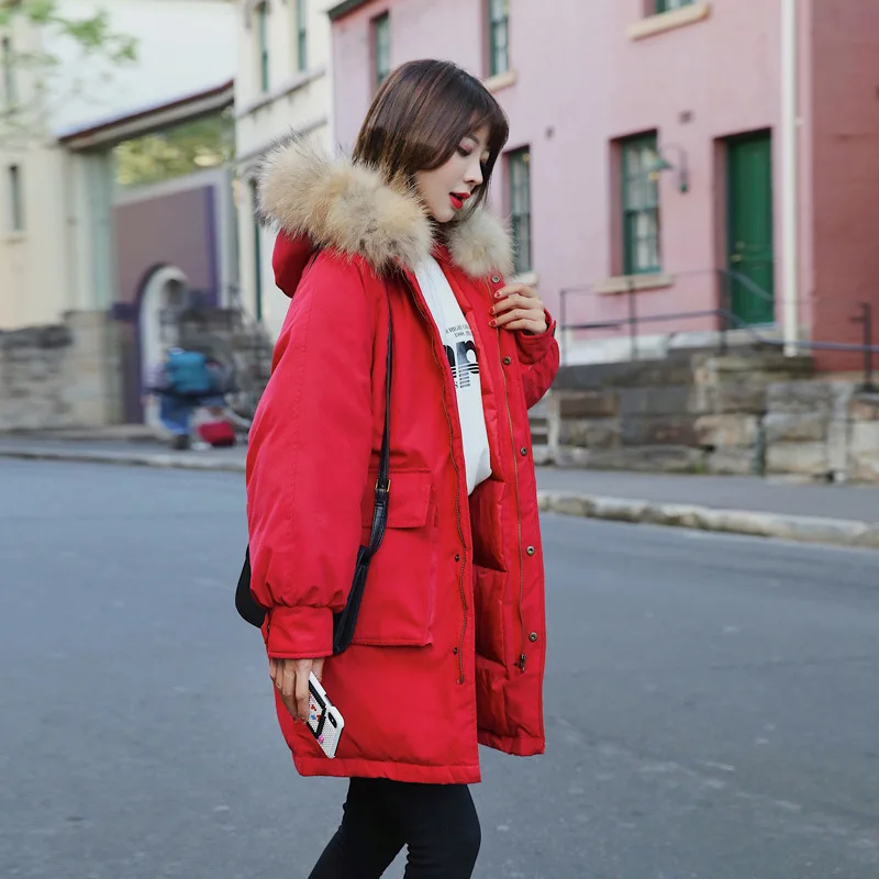 Новинка, Женская куртка с меховым воротником, верхняя одежда для женщин, 5 цветов, пальто, куртка с капюшоном, зимняя куртка для женщин, парки - Цвет: Красный