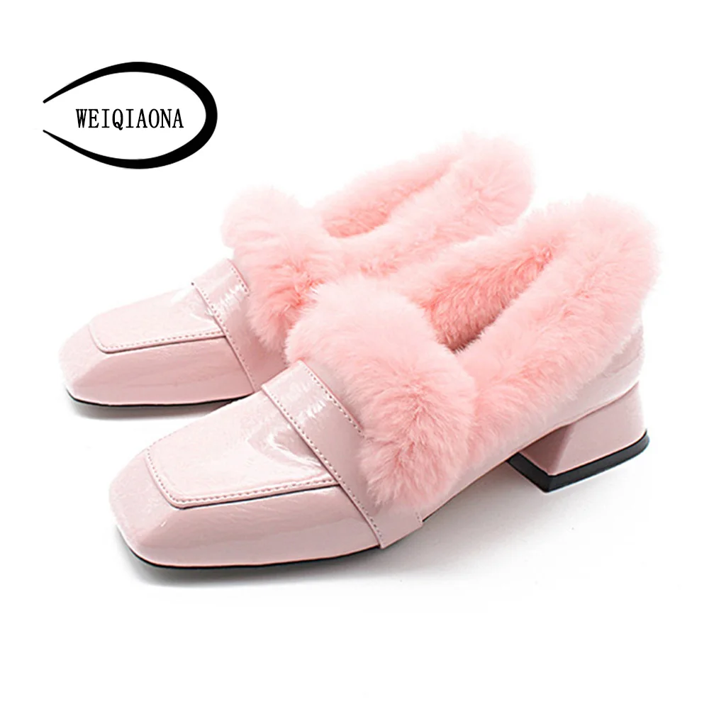 

WEIQIAONA Winter Women Shoes Fashion Brand Design Square Toe Low Heels Short Boot Ladies Shoes Short Plush Elegant OL Shoes
