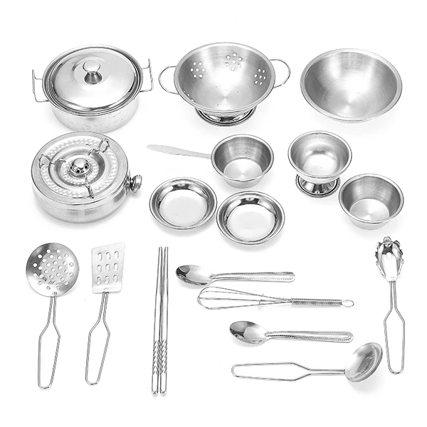 

New Arrival 18PCS Kitchen Cooker Set Stainless kitchenware Toy Set For Children Kids Role Playing Toy Gift