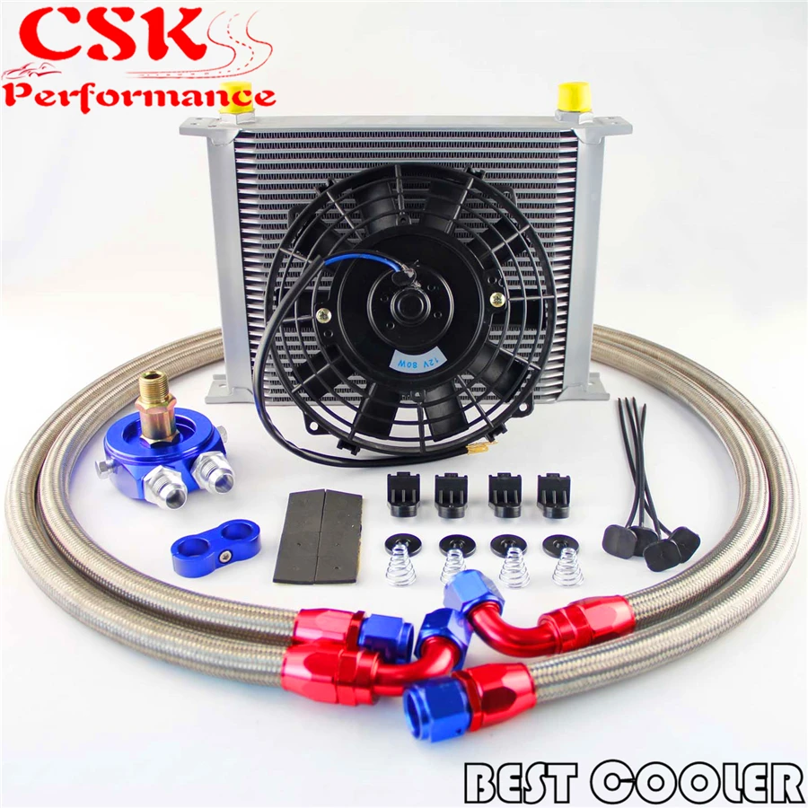 

Universal 30 Row 10AN engine Transmission Oil Cooler KIT+ 7" Electric Fan Kit Silver