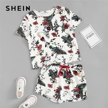 SHEIN/детский топ с растительным принтом и шорты на завязках; Комплект для девочек; Одежда для девочек-подростков; коллекция года; летний Повседневный Детский костюм с короткими рукавами