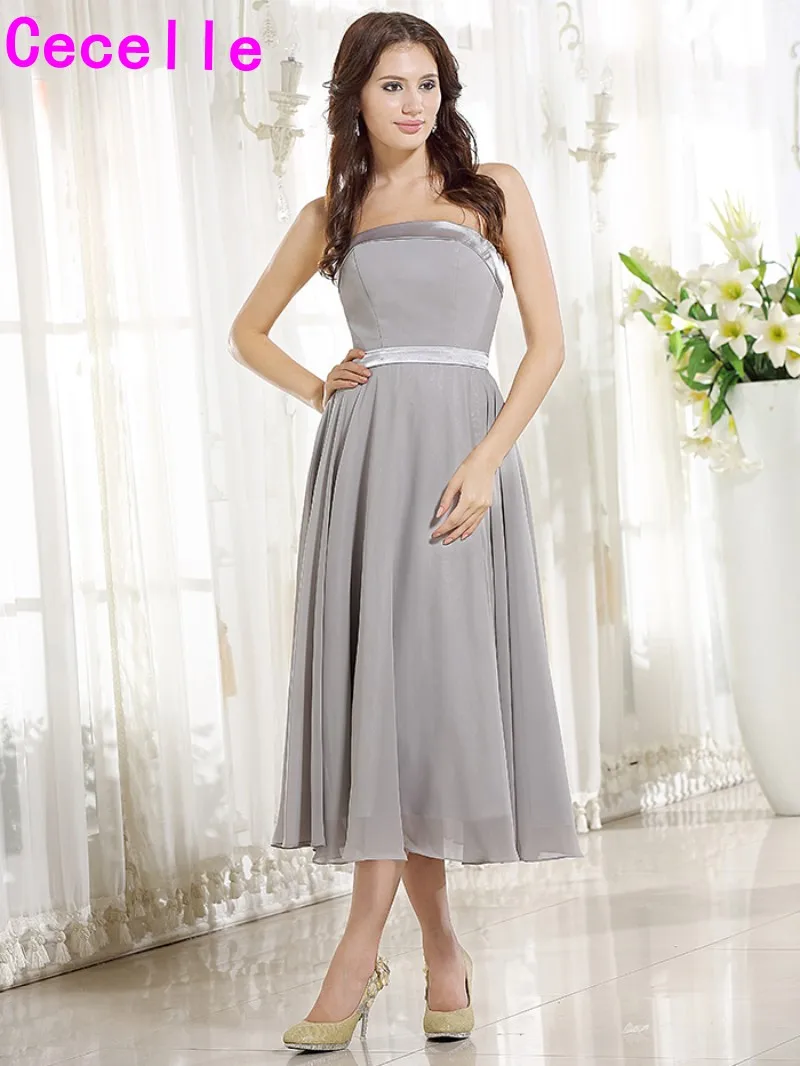 Buy Simple Short Grey Tea Length Chiffon Strapless