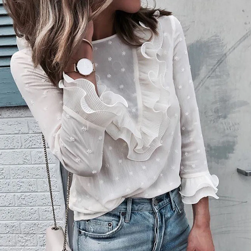 

FREE OSTRICH Clothes Women White Ladies Chiffon Shirt Casual Lace Polka Dot O Neck Shirt Solid Floral Tops tee shirt femme