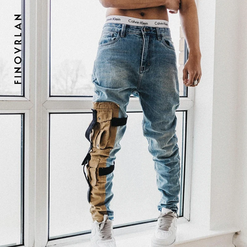 2019 новые модные штаны для мужчин обтягивающие мужские джинсы Уличная лоскутное джинсы для женщин Человек установлены низ молния хип хоп