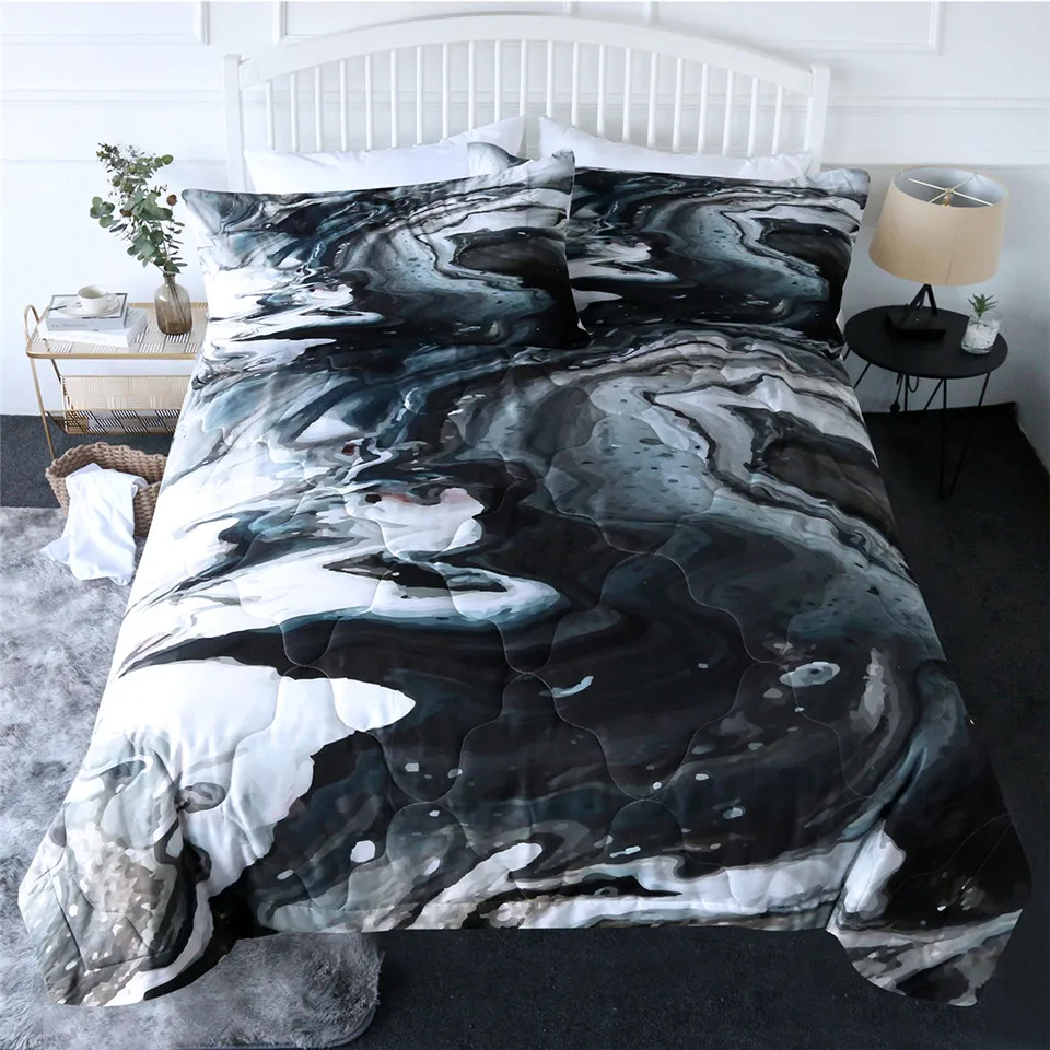 BlessLiving Modern Marble Comforter Set Art Abstract Quilted Set Black 