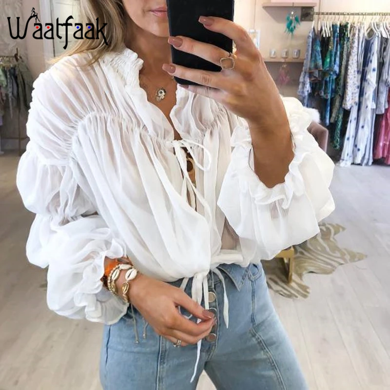 

Waatfaak Solid White Blouser Women Plus Size Long Sleeve Puff Bandage Chiffon Blouse Shirt Casual Vintage Elegant Ruffles Blouse