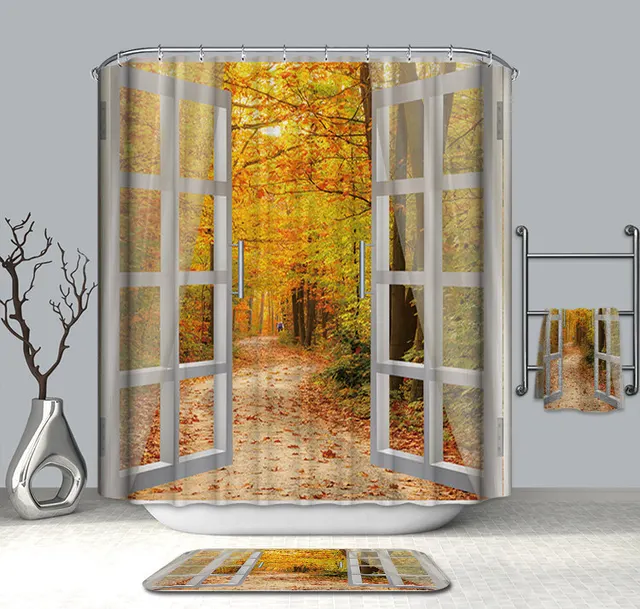 Summer Hot Bath Curtains Fake Window Beach Scenery Pattern 3d