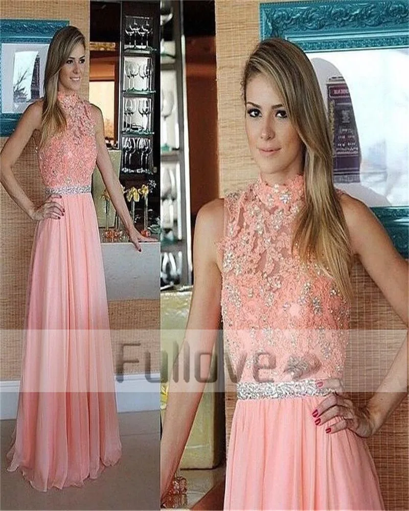 

Noble Coral Sheer Appliques Crystal Evening Party Dresses 2019 Halter Neck Appliques Beaded Formal Lace Dress Vestido De Festa