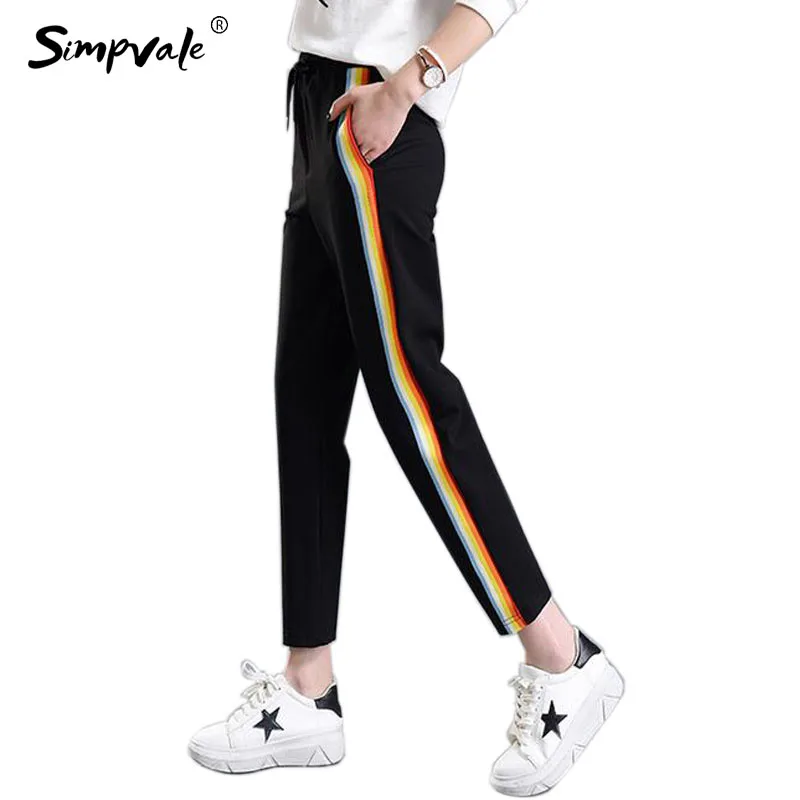 

SIMPVALE Casual Black Ankle-Length Pants Loose Drawstring Pants Pockets Pencil Solid Pants
