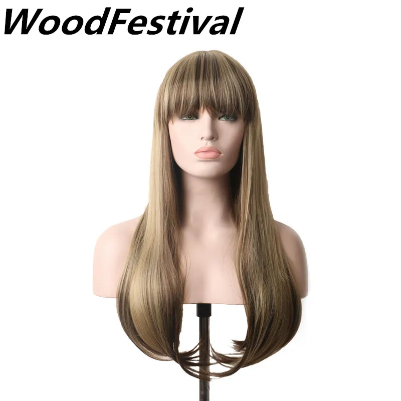 WoodFestival прямые Разноцветные Женские термостойкие синтетические парики с челкой длинный парик для косплея