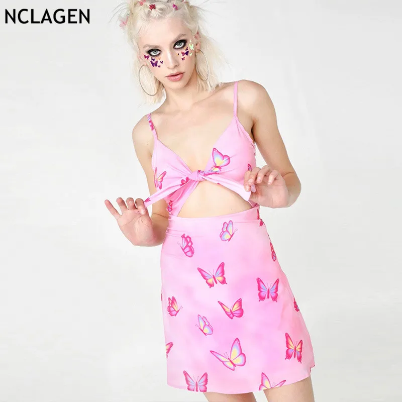 

NCLAGEN 2019 Sweet Girls Butterfly Print Pink Dresses Hollow Out Bust Bandage Spaghetti Strap Babe Bodycon Women Slim Vestidos