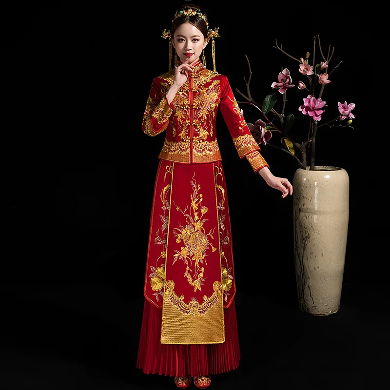 Новая мода благородное Ретро китайское женское свадебное платье с разрезами по бокам и воротником-стойкой длинное свадебное красное Qipao