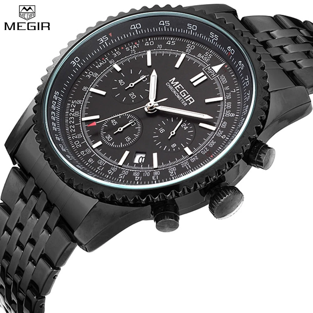 MEGIR Chronograph 24 Hours Luxury Brand Watch Full Steel Analog Display Quartz Men Business Waterproof Watches