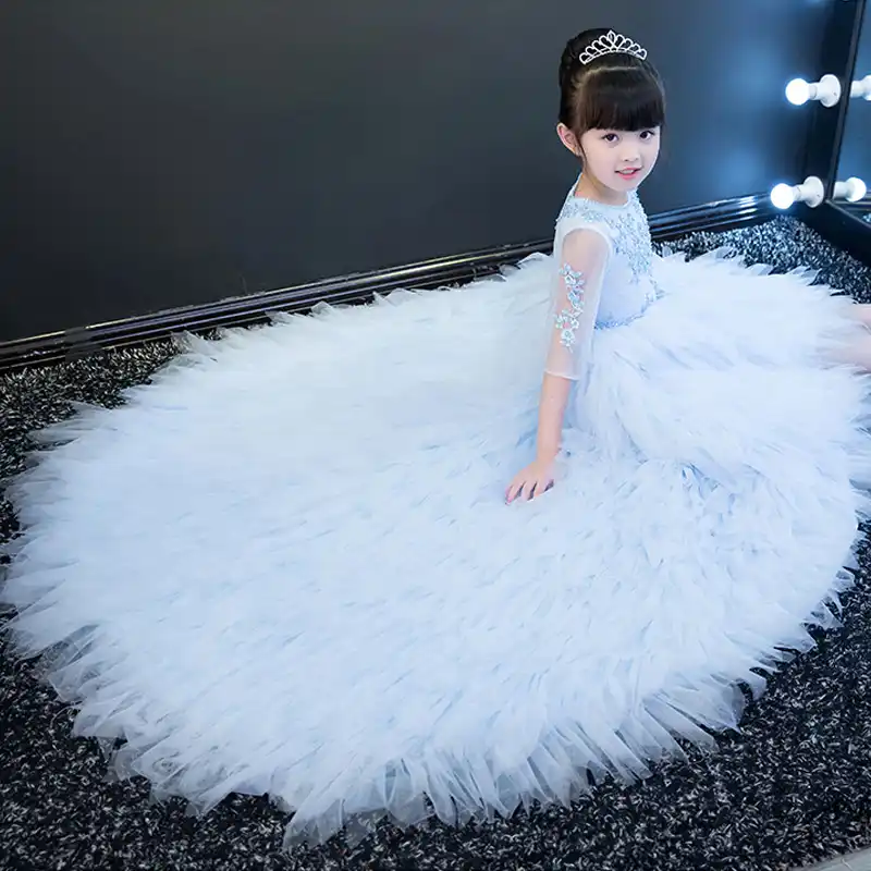 Cute Kids Girls Dresses Light Blue Catwalk Dress 2018 New Fairy