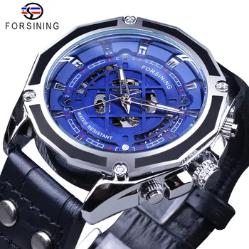 

Forsining Mens Fashion Design 2019 Blue Ocean 3D Skeleton Design Genuine Leather Belt Men Watch Top Automatic Wrist Watch Clock