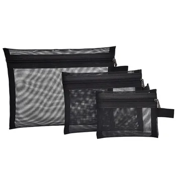 Black Travel Organizer Wash Toiletry Multifunction Zipper Makeup Portable Cosmetic Bag Fashion Transparent Mesh Storage Women aosbos portable mesh makeup bag waterproof transparent breathable cosmetic bags tote pouch black travel organizer storage bag