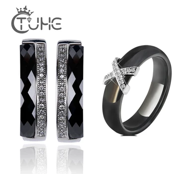 

Healthy Ceramic Zircon Jewelry Sets For Women Russian Lock Earrings Black White Ceramic Rings Wedding Jewelry Gift bijoux femme