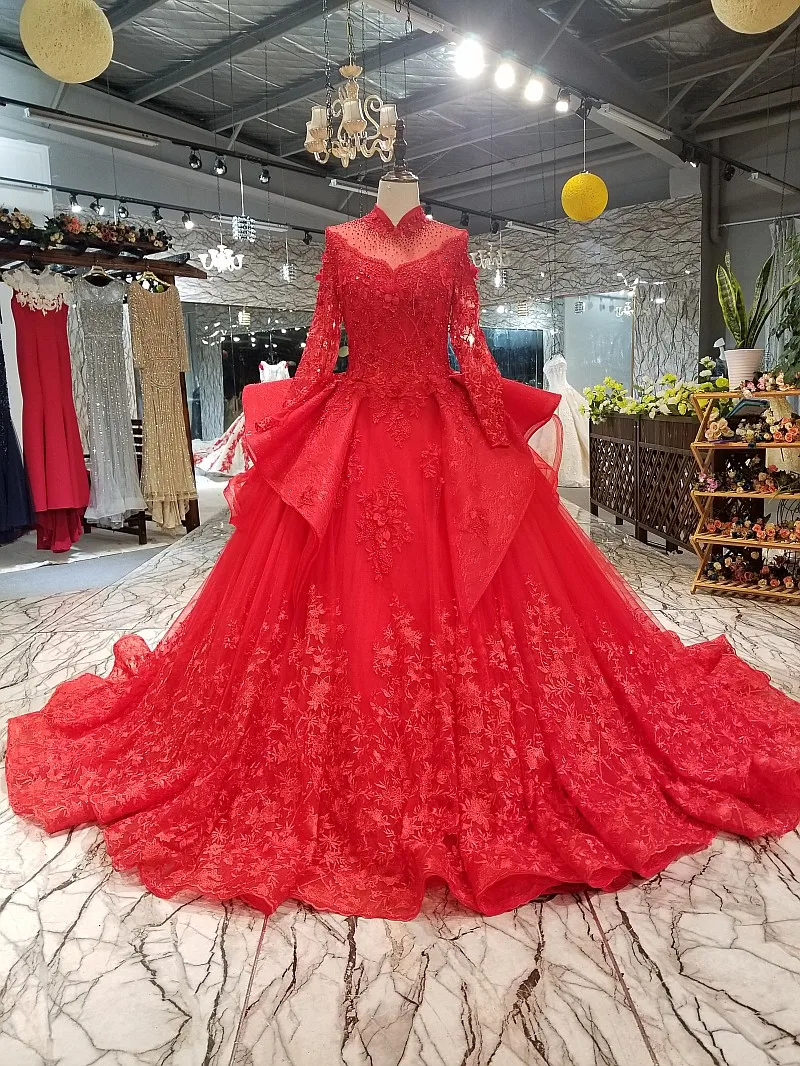 LS01242 красное свадебное платьемусульманских бальный наряд невесты Свадебная вечеринка платье Высокая шея Длинные рукава на шнуровке сзади пышное платье из органзы с кисть Поезд