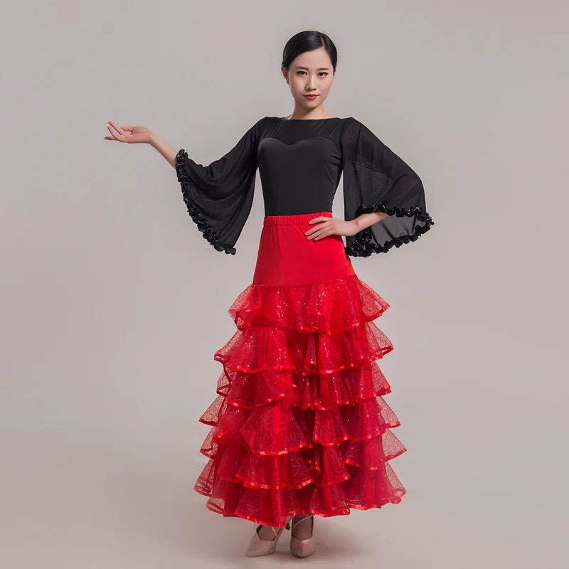 Buy Red black salsa ballroom skirt long sequin hem dansa ballroom dance skirts