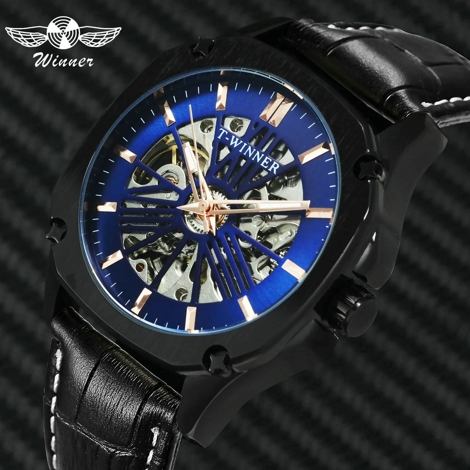 

WINNER Official Automatic Mechanical Mens Watches Top Brand Luxury Skeleton Blue Dial Leather Strap Mens New Fashion Wrist Watch