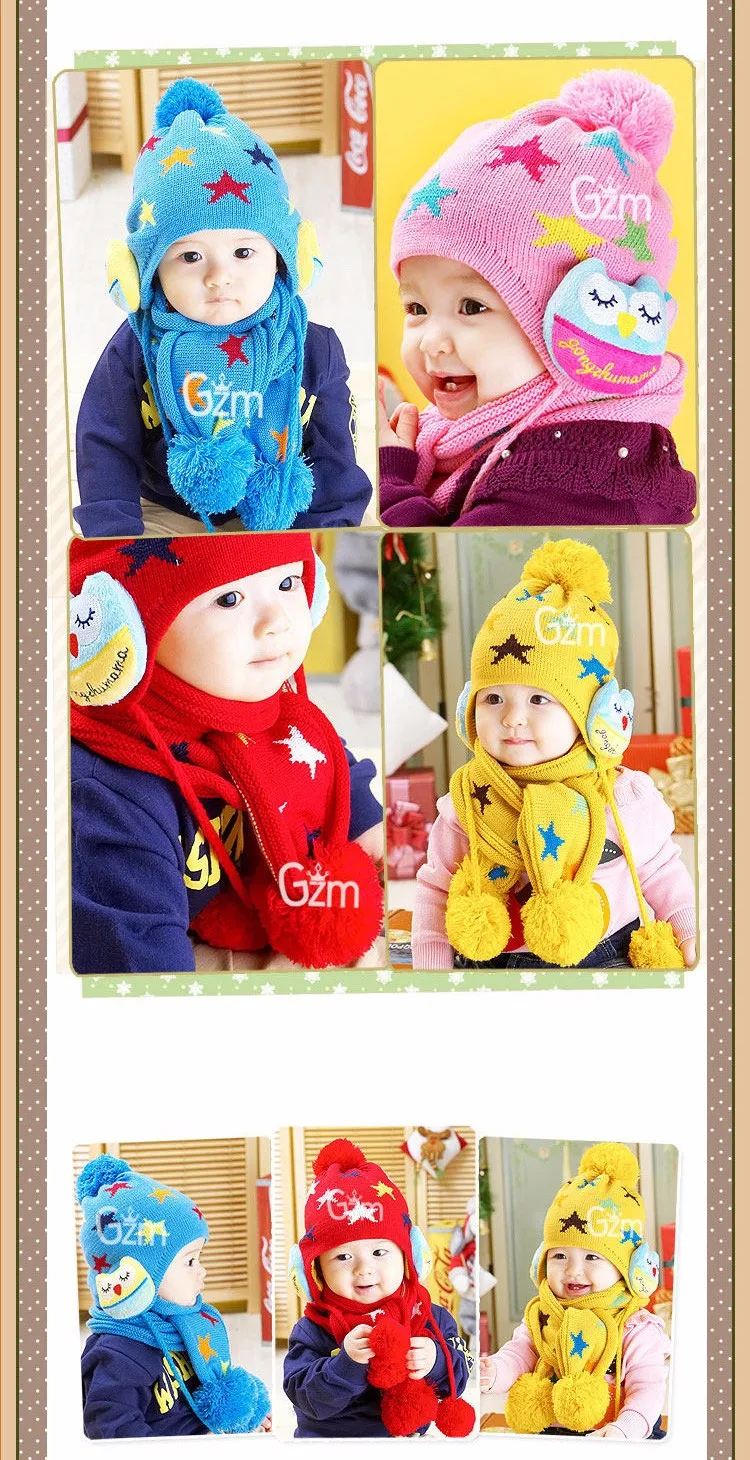 Детская зимняя шапка, шарф, набор для детей от 10 месяцев до 4 лет, для мальчиков и девочек, для младенцев, для детей, милая стильная шерстяная шапка со звездой и совой