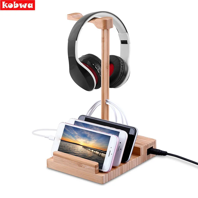 Bamboo Headphone Headset Earphone Stand Holder with USB Charging 5V 3A Fast Charge Charger