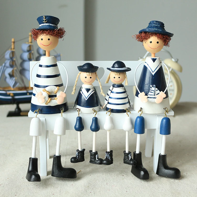 

2 pair Nautical Wood Sailor Dolls Handicraft Blue White Navy Sitting Craft Hawaii Sea Beach Dolls For Art Home Decoration