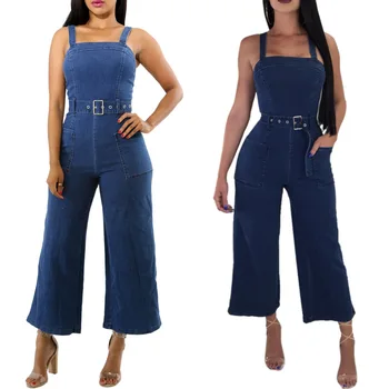 

Women's Casual Loose Strap Denim Overalls Jumpsuit Lady's Oversized Belt Ripped Baggy Jeans Wide Leg Pants Playsuit for Woman