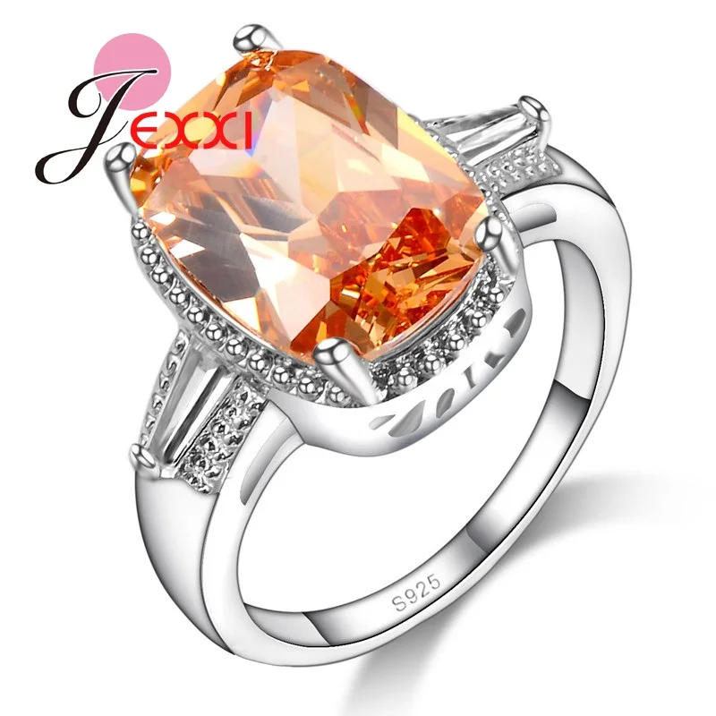 

JEXXI Rectangle Orange Zirconia Crystal Stone 925 Stamp Sterling Silver Rings Fashion Finger Jewelry For Woman US Size 6-9