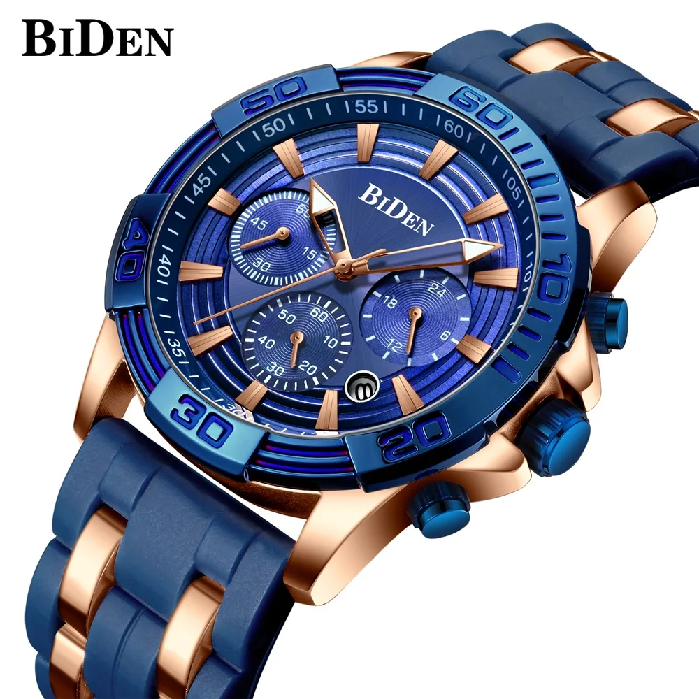 

Men's Sports Chronograph Quartz Wrist Watches BIDEN Brand Army Silicone Waterproof Stopwatch Relojios Masculinos Man Clock 0157