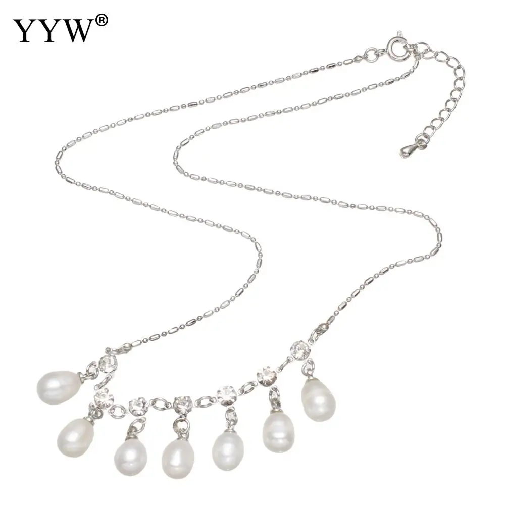 

YYW Wholesale Women Mom Rhinestone Natural Freshwater Pearl Choker Necklace Woman 6-7mm White Teardrop Dangle Pendant Necklaces
