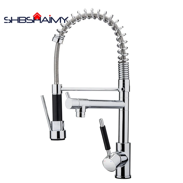 Special Offers Chrome Polished Pull Down Kitchen Faucet Dual Spouts 360 direction Shower Kitchen Mixer Crane Hot Cold 2 Outlet Spring Tap (D)