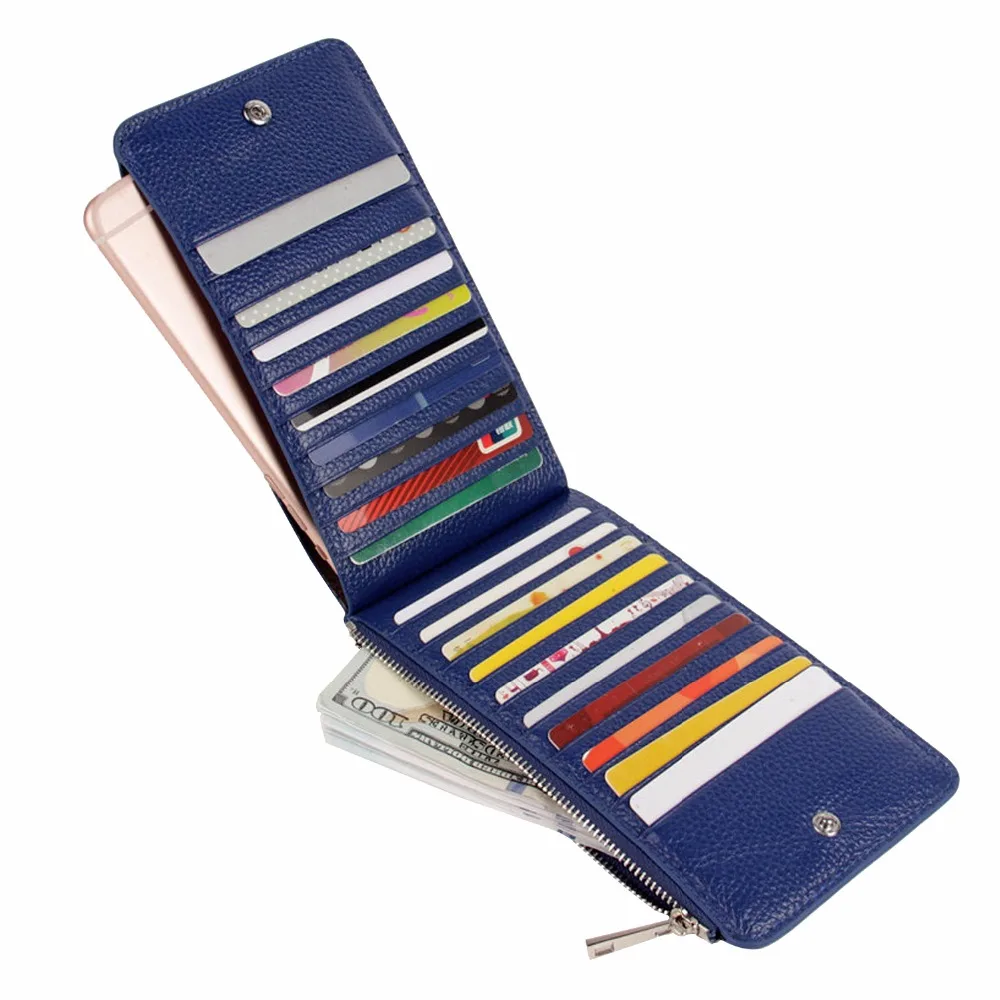 

RFID Blocking 100% Genuine Leather Wallets For Women With Zipper 20 Credit Cards Holder Bifold Wallet With Phone Pocket Thin