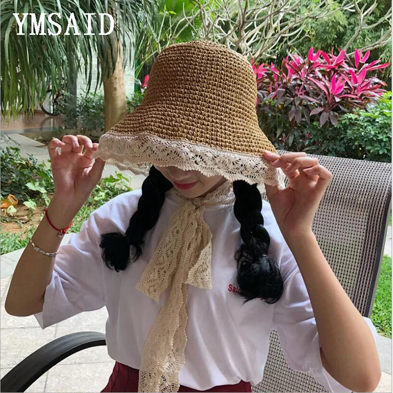 Ymsaid, модная женская летняя шляпа с широкими полями, соломенная шляпа ручной работы с кружевным бантом из ленты, складная Женская пляжная кепка для девушек