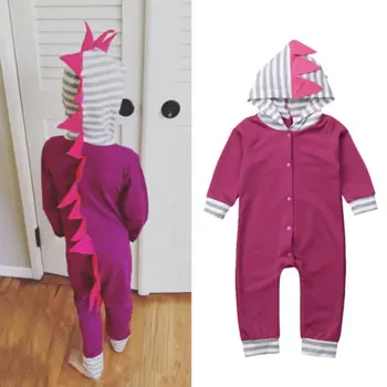 

2018 Autumn Baby Girls Toddler Cartoon Dinosaur Stripe Patchwork Rompers Warm Hooded Jumpsuit Playsuit Fashion Clothes Outfit