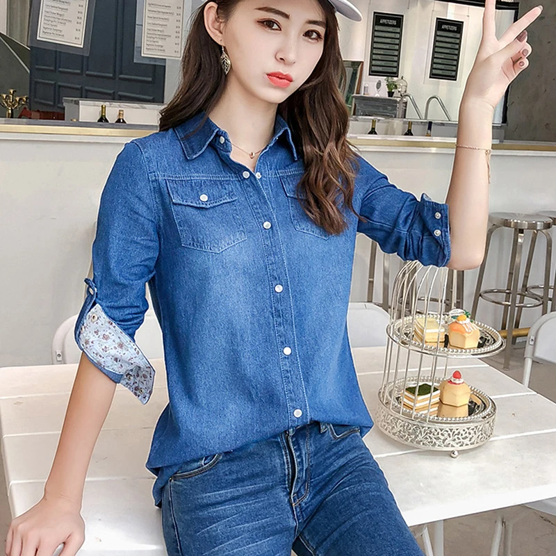 

2018 Casual Denim Blouse Women Turn-down Collar Long Sleeve Blouse High Quality Jeans Shirt Women ladies Tops blusa feminina