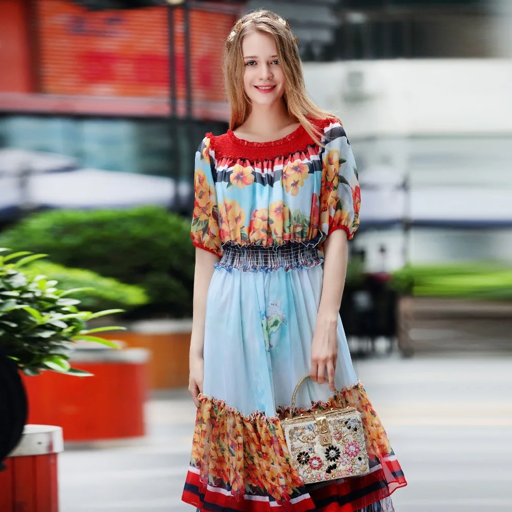 

2018 Latest Summer New Arrival Fashion Elegant A-Line O-Neck Short Lantern Sleeve Print Patchwork Ankle-Length Long Dress Women