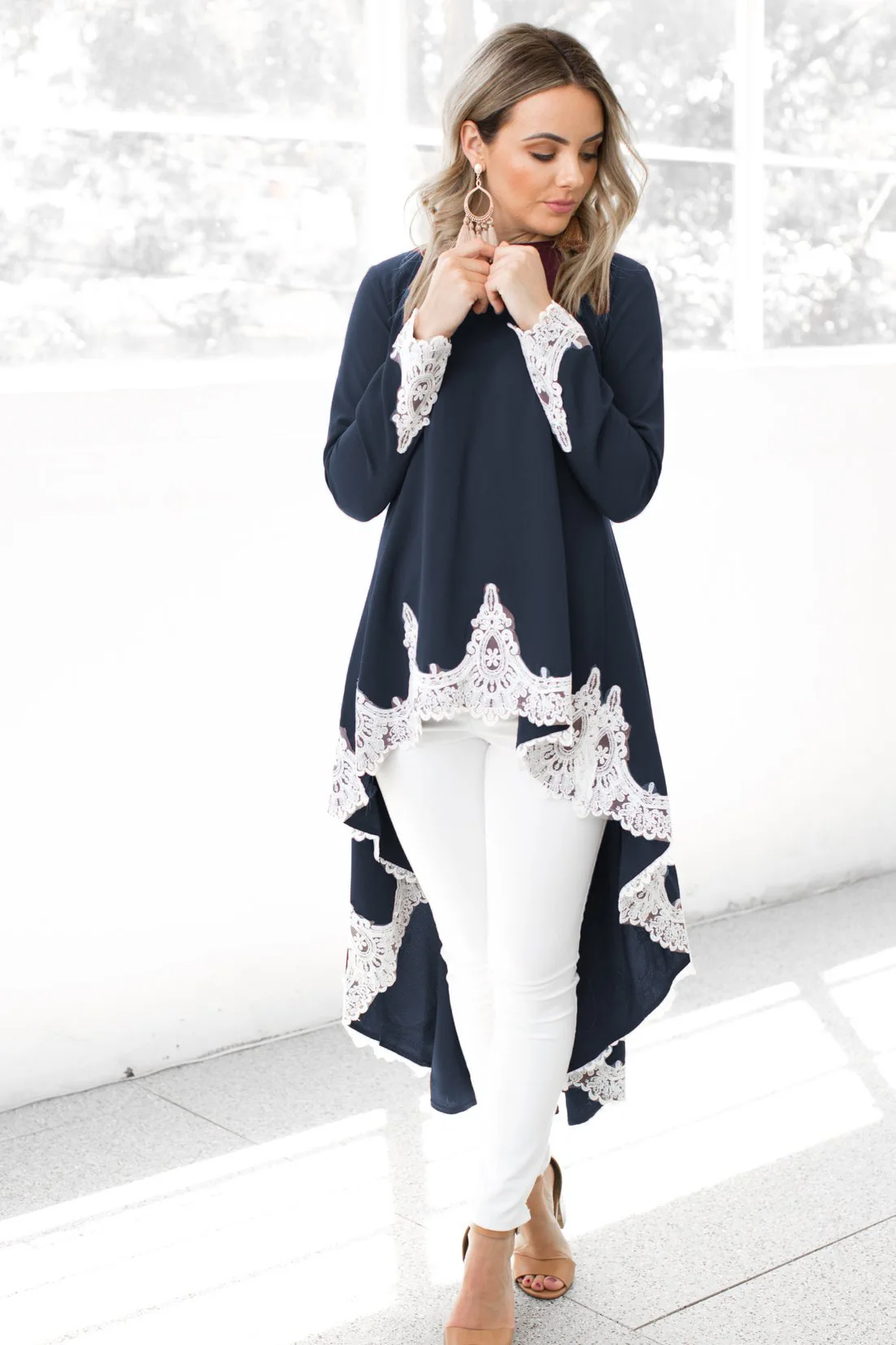 

Fashion Women Shirts Full Sleeve Lace O-neck Casual Irregular T-shirt Elegant Female Streetwear T Shirt Women Long Clothing N34