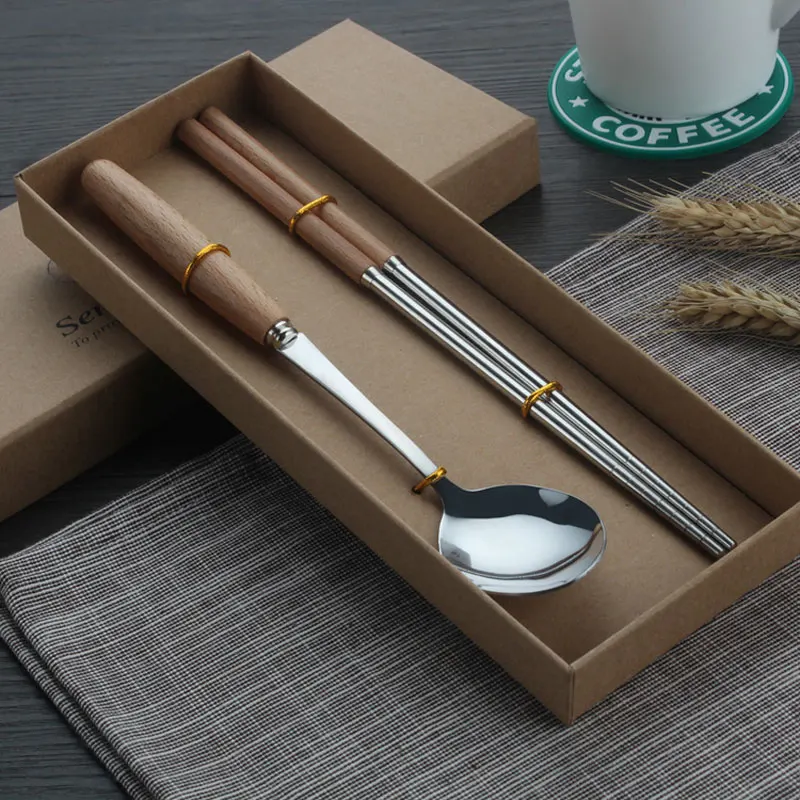 Kitchen Cutlery Set With Wooden Handle Protable Luxury Dinner Set Include Chopsticks/Spoon/Fork