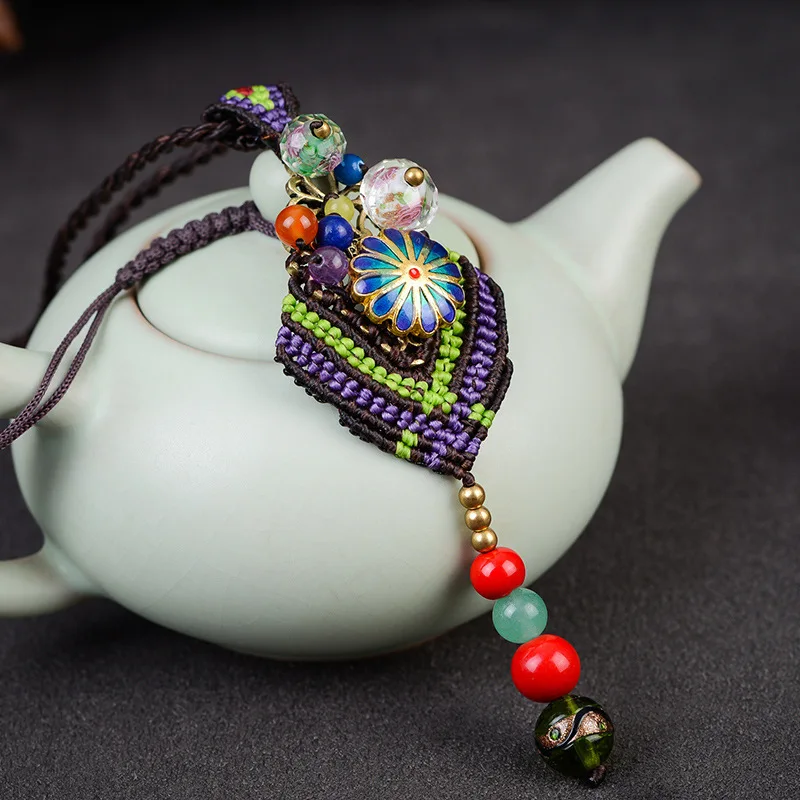 

LUBOV 2018 Handmade Multilayer Braided Rope Collar Necklace Round Bronze Flower Colorful Beads Pendant Long Necklace Women Gift